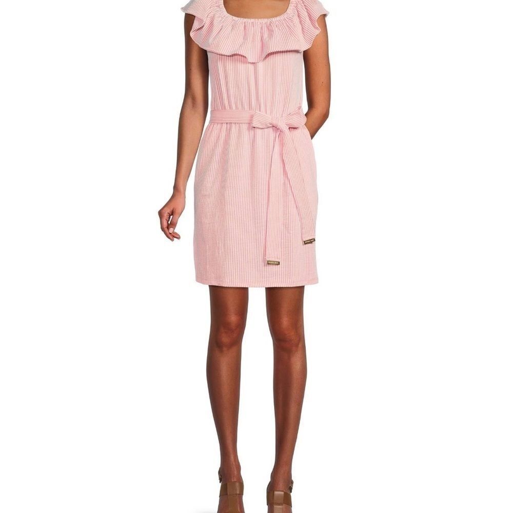 Michael Kors 2X Pink Stripe Ruffle Neck Tie Waist Dress NWT NEW Plus Size